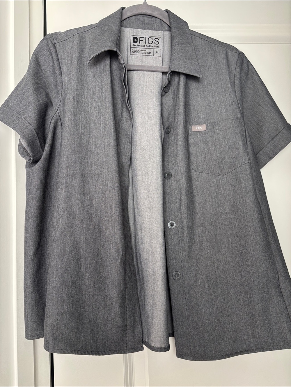 FIGS women Short Sleeve Button-Down Shirt in grey denim